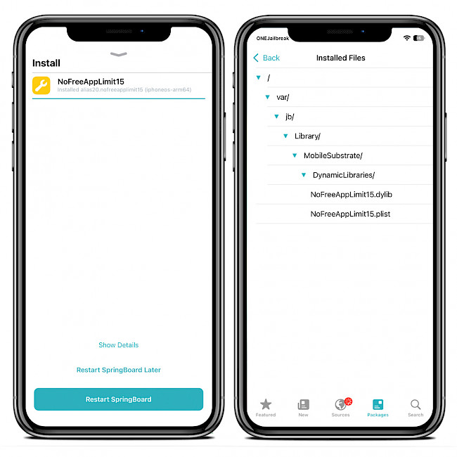Sileo app showing NoFreeAppLimit for iOS 15 package.