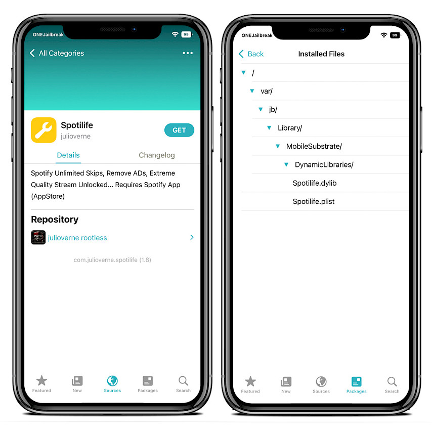 Two iPhone screens showing Spotilife Repository and installed files on iOS.
