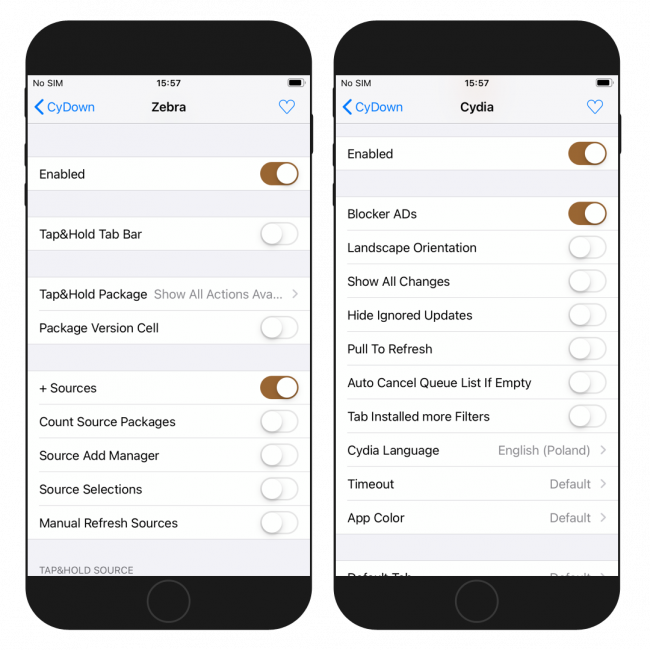 Two iPhone screens showing the CyDown tweak settings pages for Zerba and Cydia app.