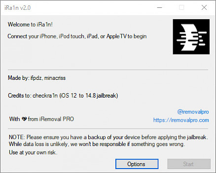 iRa1n 2.0 jailbreak screenshot running on Windows.