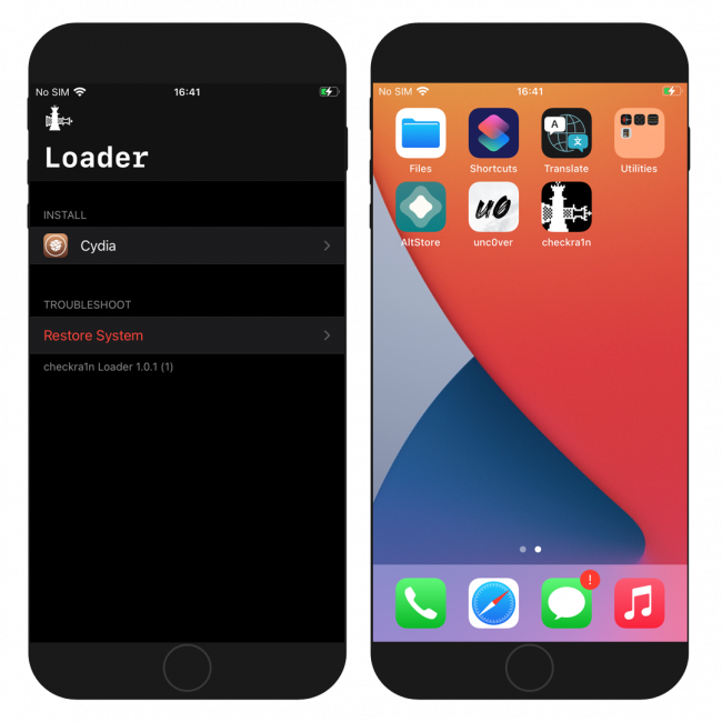 Two iPhone screens showing the checkra1n Loader on iOS 14.