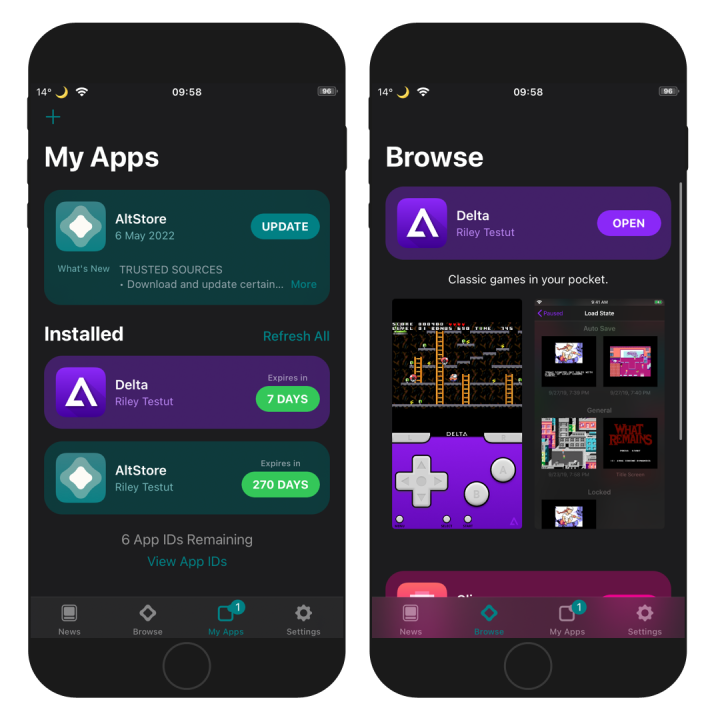 Two iPhone screens showing the Delta IPA installation process on iOS through AltStore.