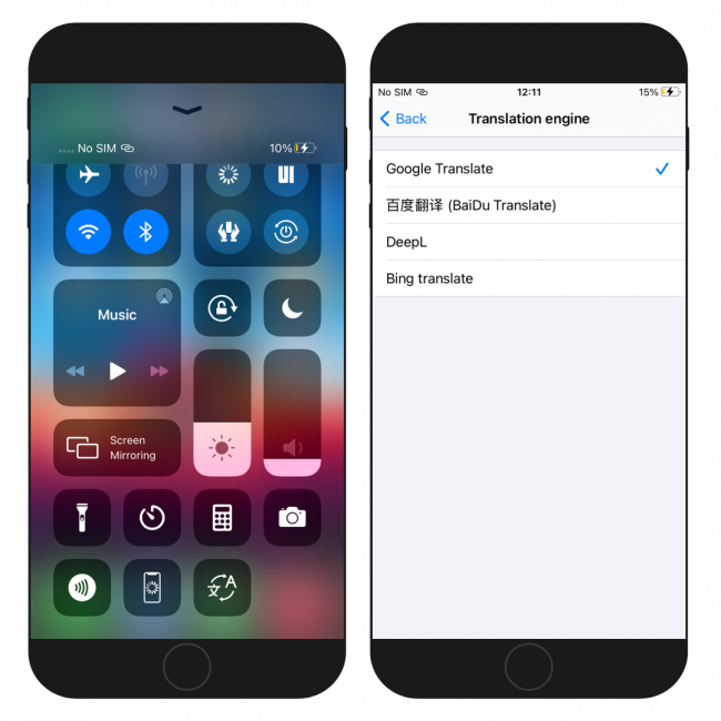 Two iPhone screens showing Pocket Translator tweak CC widget and available translation engines.