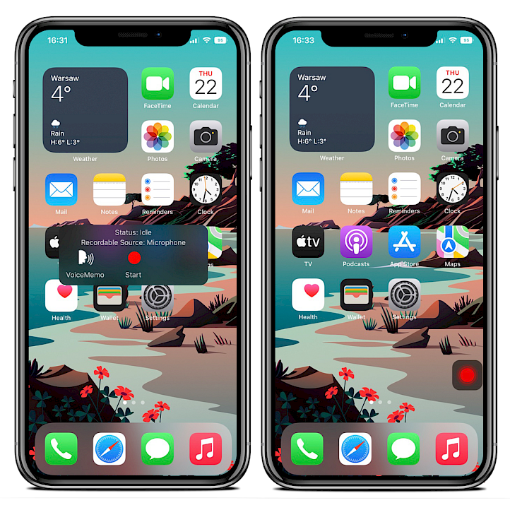 Two iPhone screens showing Audio Recorder XS recording button and recording source on the Home Screen.