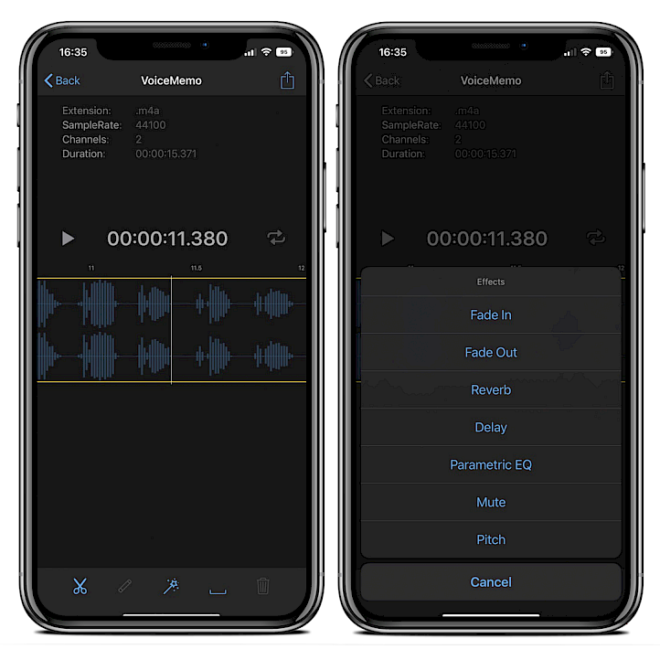Two iPhone screens showing Audio Recorder XS built-in audio editor tools and effects.