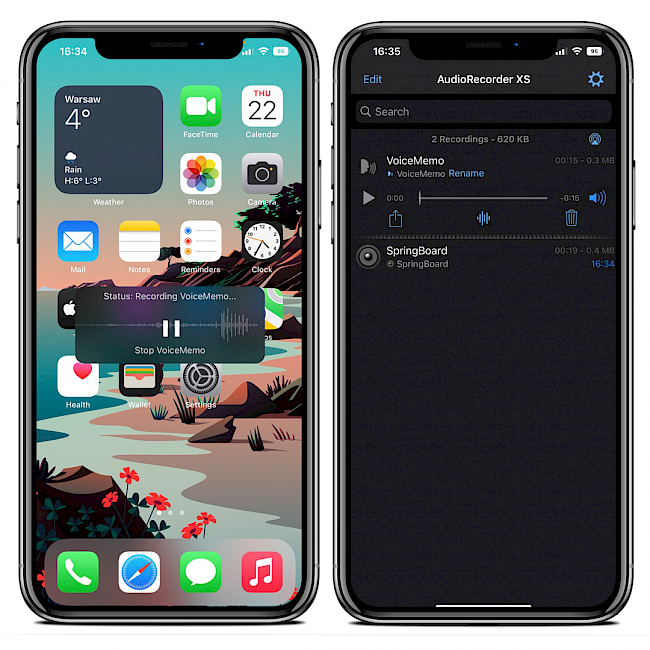 Two iPhone screens showing the AudioRecorder XS app interface and voice memo recording widget.