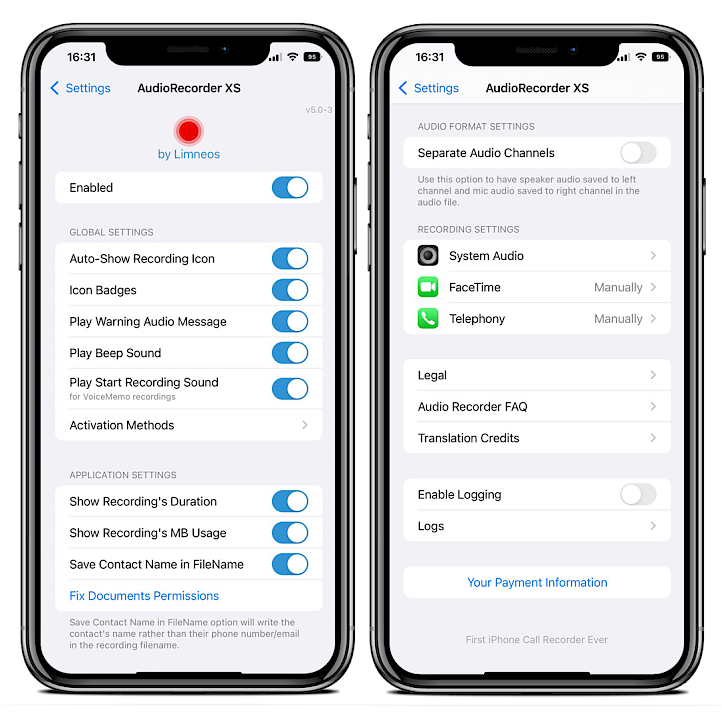 Two iPhone screens showing the AudioRecorder XS tweak configuration options in Settings app.
