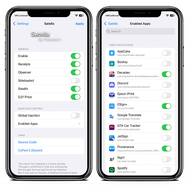 Two iPhone screens showing the Satella 2 tweak configuration pages on iOS 15.