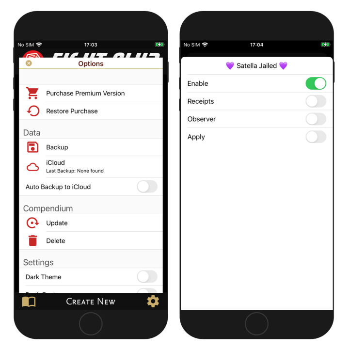 Two iPhone screens showing the Satella tweak injected into an iOS app.