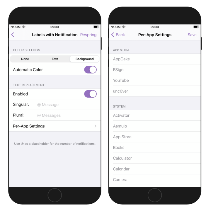 Two iPhone screens showing the CozyBadges Labels and Notification Settings pages.
