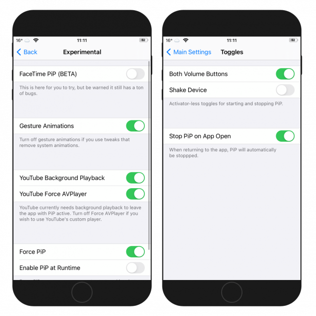 Two iPhone screens showing Titan tweak Experimental settings.