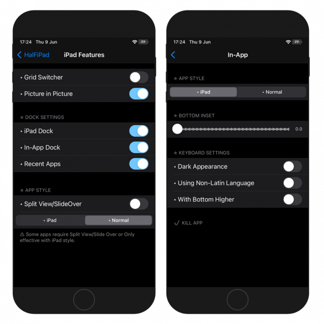 Two iPhone screens showing the HalFiPad iPad Features and In-App Settings pages.