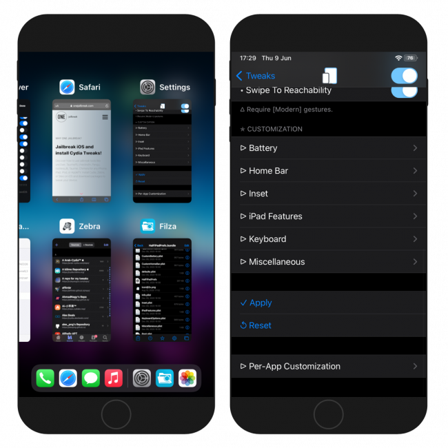 Two iPhone screens showing HalFiPad tweak in action running on iOS 14.