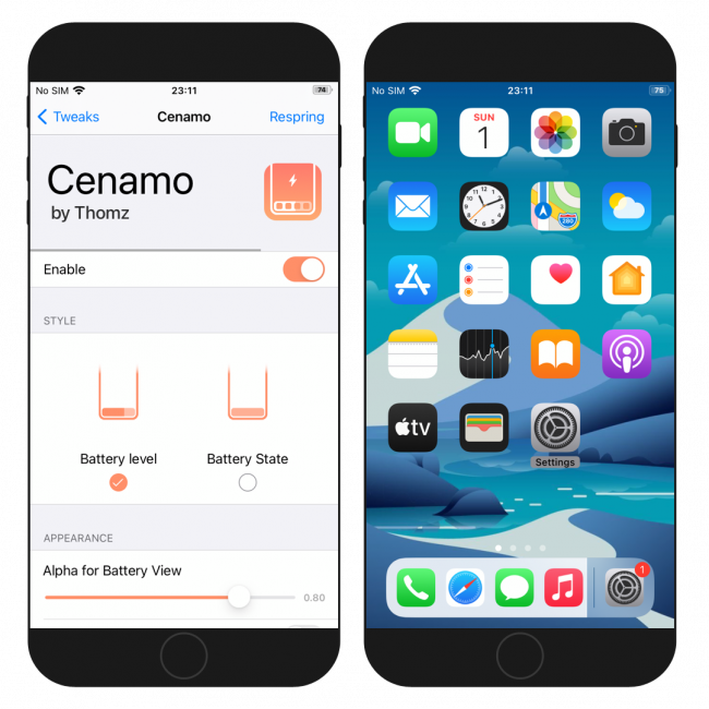 Two iPhone screens showing the Cenamo tweak preferences and battery level on the Dock.