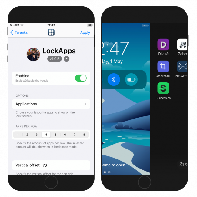 Two iPhone screens showing the LockApps preference page and app list.