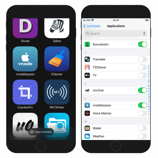 Two iPhone screens showing LockApps tweak interface and app selector.