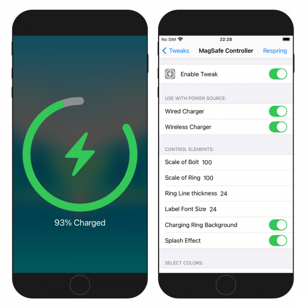 Two iPhone screens showing the MegaSafe Controller charing screen and Settings page.