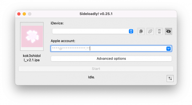 Screenshot of kok3shi IPA loaded into Sideloadly app