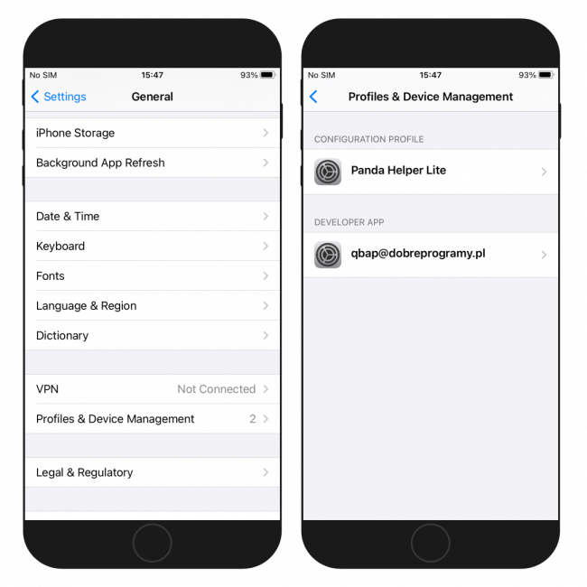 Two iPhone screens showing the Untrusted developer in General scion of iPhones Settings app.