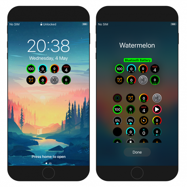 Two iPhone screens showing Watermelon tweak widgets.