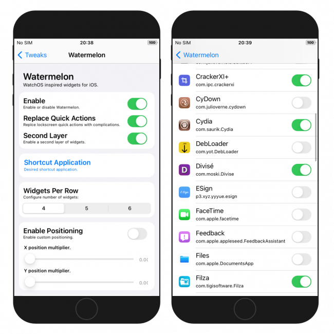 Two iPhone screens showing Watermelon tweak settings.