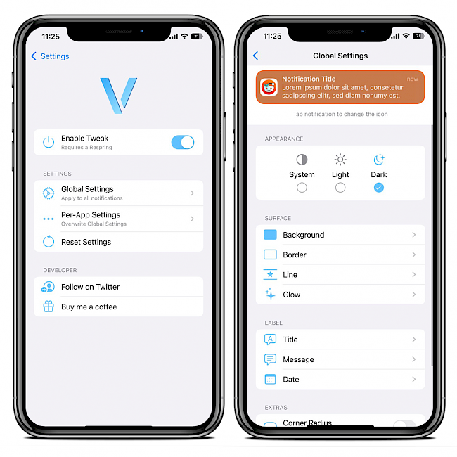 Two iPhone screens showing Velvet tweak configuration pane in the Settings app on iOS 15.