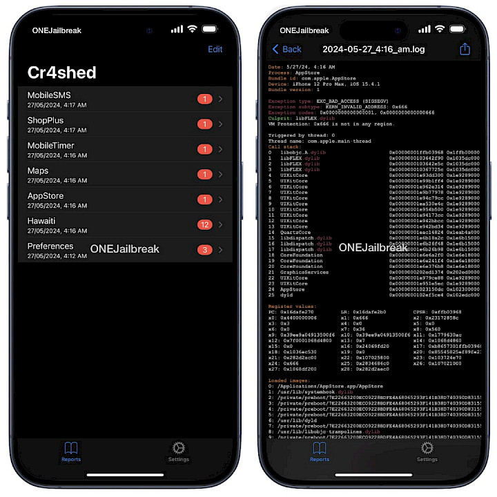 Screenshot of Cr4shed app for rootless.