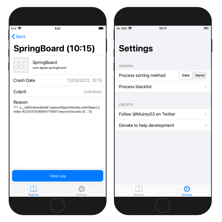 Two iPhone screens showing Cr4shed jailbreak crash reporting tool on iOS.