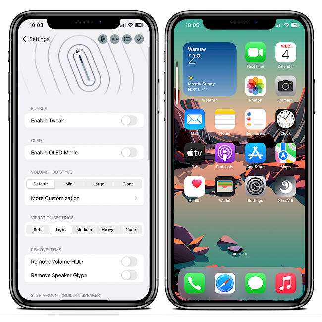 Two iPhone screens showing the VolVibes tweak preference pane and modified volume HUD on iOS.