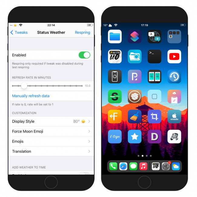 To iPhone screens showing the Status Weather tweak Settings and whether info in iOS Status Bar.
