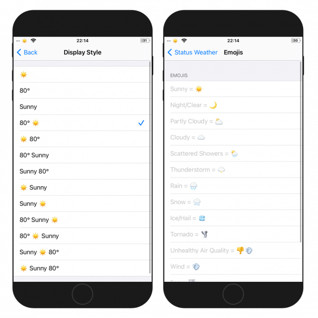 Two iPhone screens showing the Status Weather tweak settings pages.