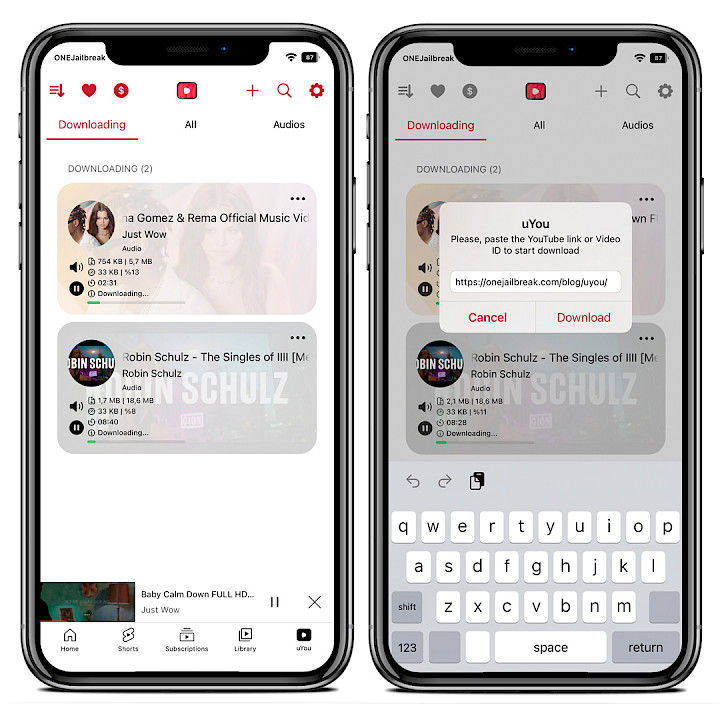 Two iPhone screens showing uYou Download Manager.