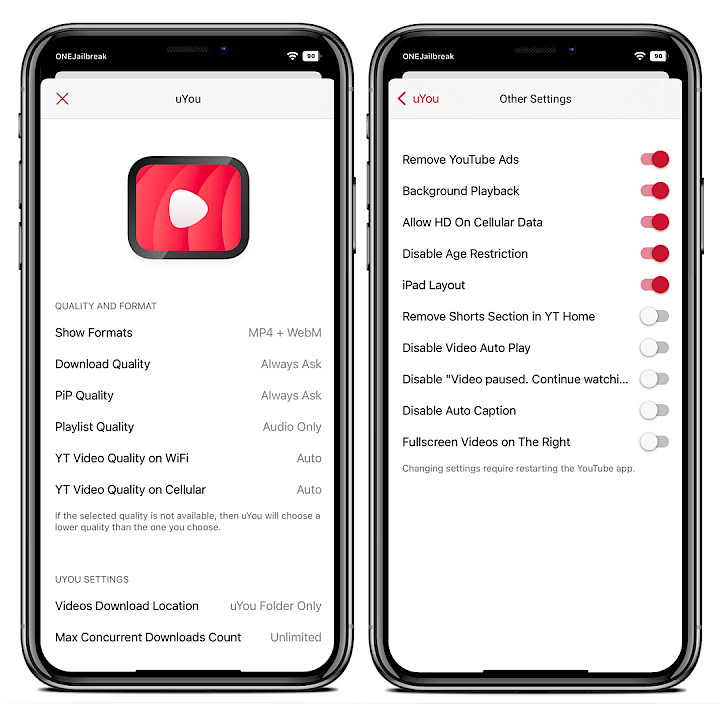 Two iPhone screens showing uYou tweak preferences.