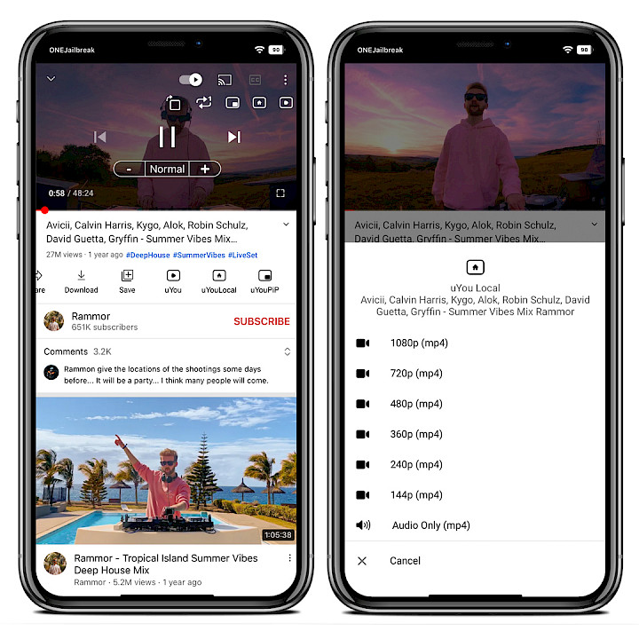 Two iPhone screens showing uYou tweak integration in YouTube app.