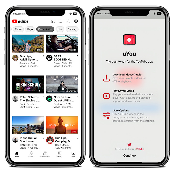 Two iPhone screens showing the uYou tweak app interface on iOS 15.