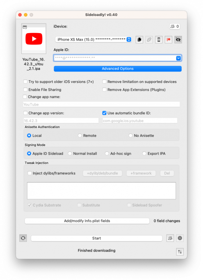 Screenshot of Sideloadly with uYou IPA loaded.
