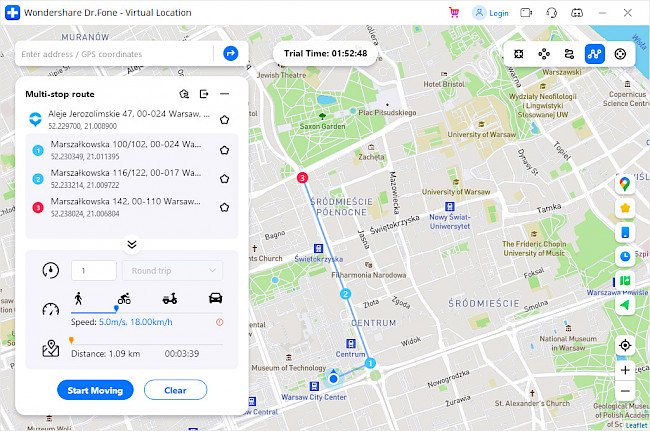 Screenshot of Dr. Fone Virtual Location spoofer running on Windows.