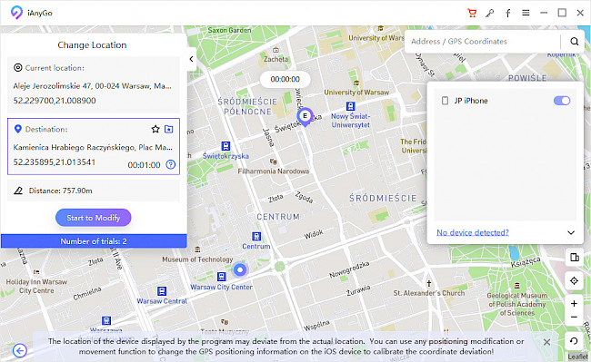 Screenshot of iAnyGo application showing how to change GPS Location without Jailbreak.