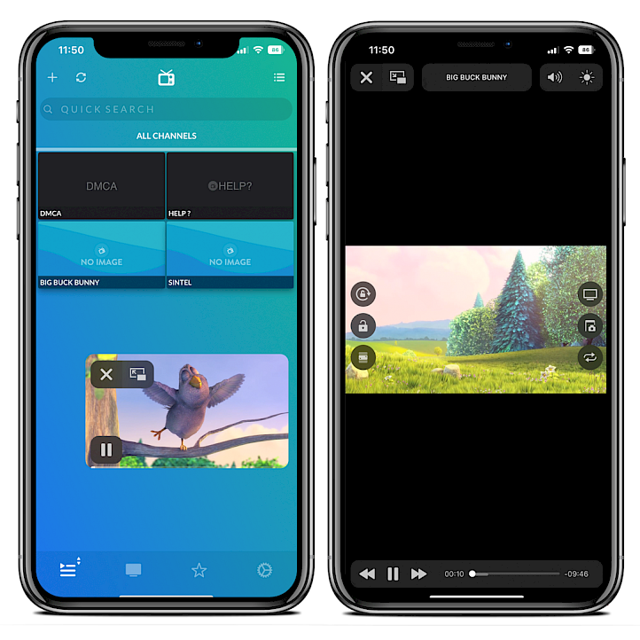 Two iPhone screens showing the StrymTV app with example channels list and video player.