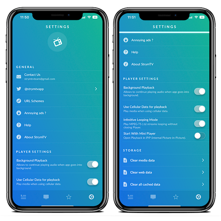 Two iPhone screens showing the settings page of StrymTV app.
