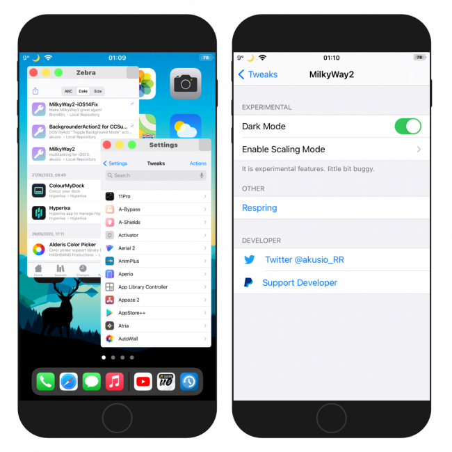 Two iPhone screens showing the MilkyWay 2 tweak preferences and multitasking window on Home Screen.
