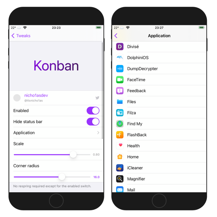 Konban tweak settings screenshot