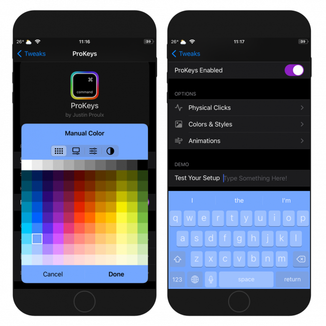 Two iPhone screens showing ProKeys keyboard color selector and keyboard demo.