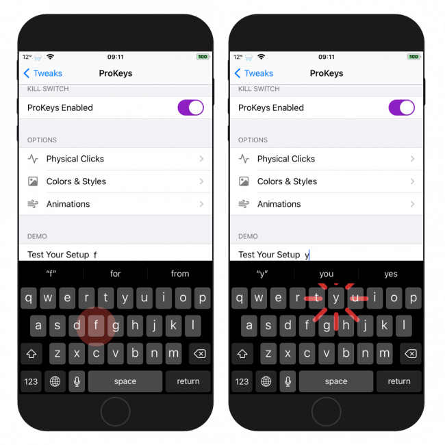 Two iPhone screens showing ProKeys tweak animations effects on keyboard.