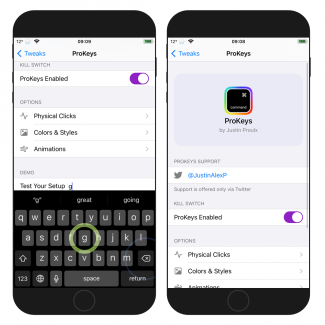 Two iPhone screens showing ProKeys tweak configuration pane and a demo keyboard layout.