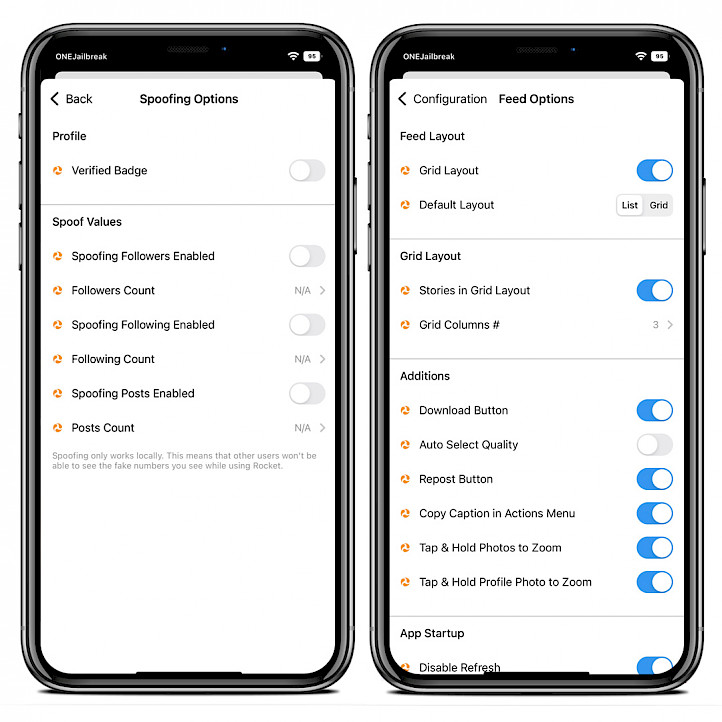 Two iPhone screens showing the Rocket Instagram Feed Options and Spoofing Options.