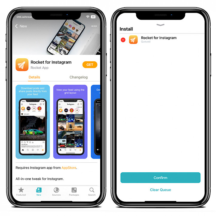 Two iPhone screens showing Rocket for Instagram Repository.
