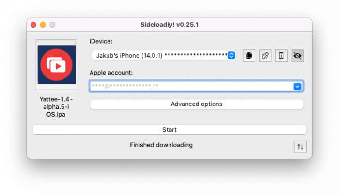 Screenshot of Sideloadly app window with loaded Yattee 1.4 IPA file for iOS.