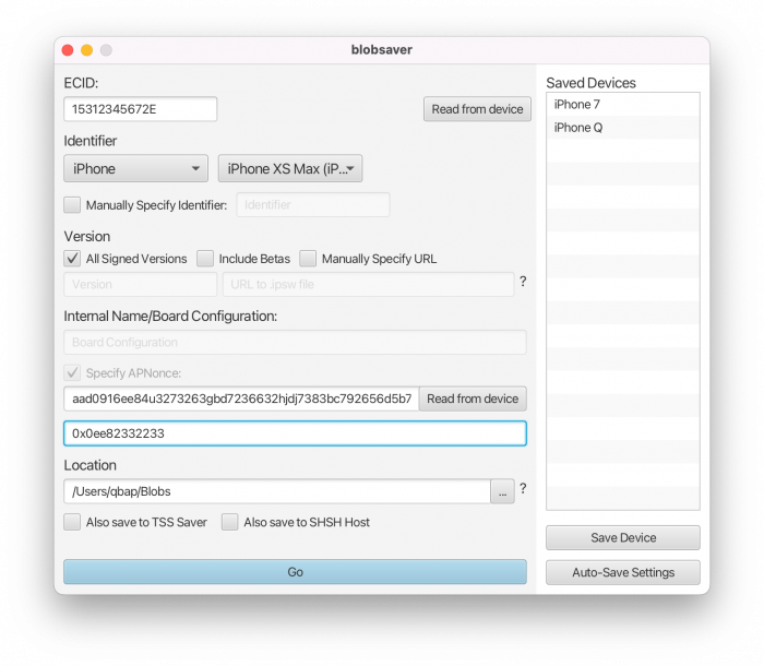 Screenshot of Blobsaver app main window interface running on Mac.