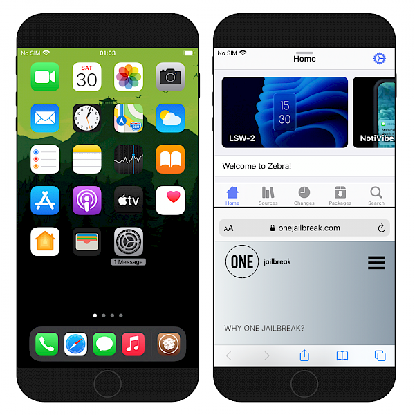 Two iPhone screens showing FloatingDockPlus the Split-View mode on iOS 14.